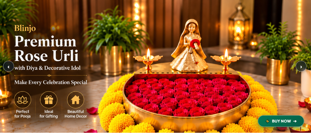 Blinjo Premium Rose Urli with Diya & Decorative Idol